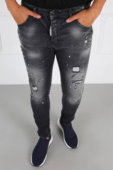 Jean's Skinny Destoyed Icon 2 noir usé effet arraché troué peint