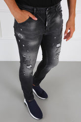 Jean's Skinny Destoyed Icon 2 noir usé effet arraché troué peint