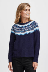 Pull Fransa Col Rond Hiver Navy Ciel Blanc