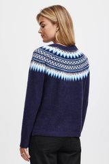 Pull Fransa Col Rond Hiver Navy Ciel Blanc