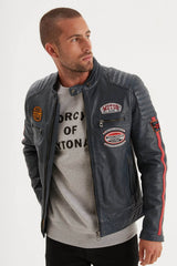 Blouson Cuir Racing Daytona Short Blue
