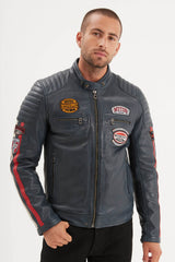 Blouson Cuir Racing Daytona Short Blue